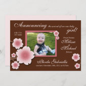 ピンクのさくらんぼの花と茶色の出産のお知らせ 案内状 (正面/裏面)