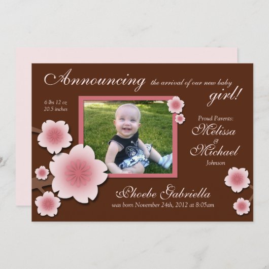 ピンクのさくらんぼの花と茶色の出産のお知らせ 案内状 (正面/裏面)