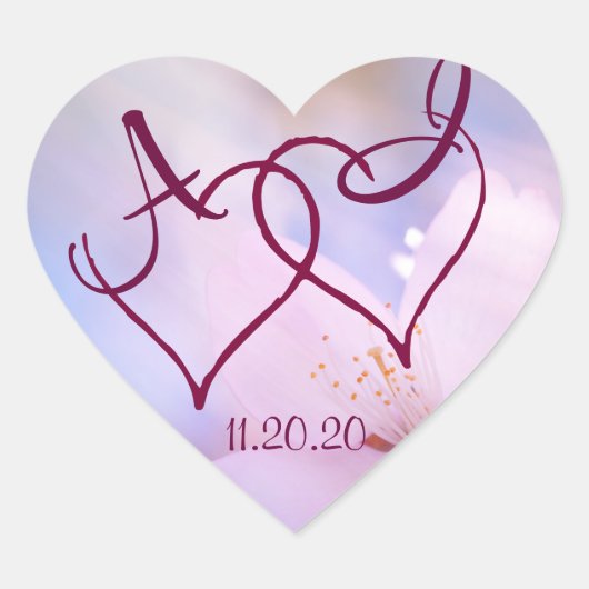 ピンクのさくらんぼの花と2つのハートのカスタマイズ ハートシール (正面)