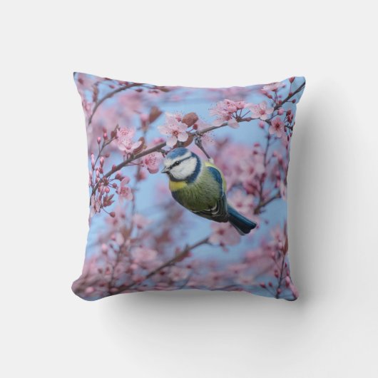 ピンクのさくらんぼの花に咲く青いチットの日本の鳥  クッション (正面)