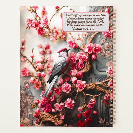 ピンクのさくらんぼの花のフローラと鳥と聖書の詩 プランナー手帳 (裏面)
