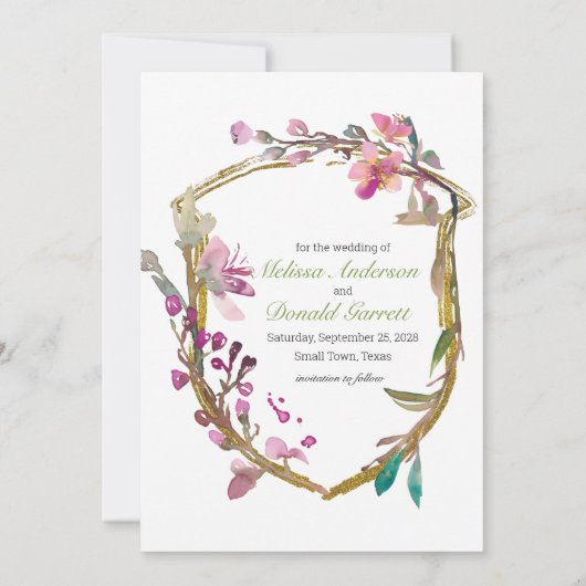 ピンクのさくらんぼの花のフローラ日付を保存 セーブザデート (裏面)