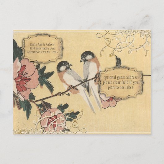 ピンクのさくらんぼの花の愛の鳥が日付を保存 案内ポストカード (裏面)