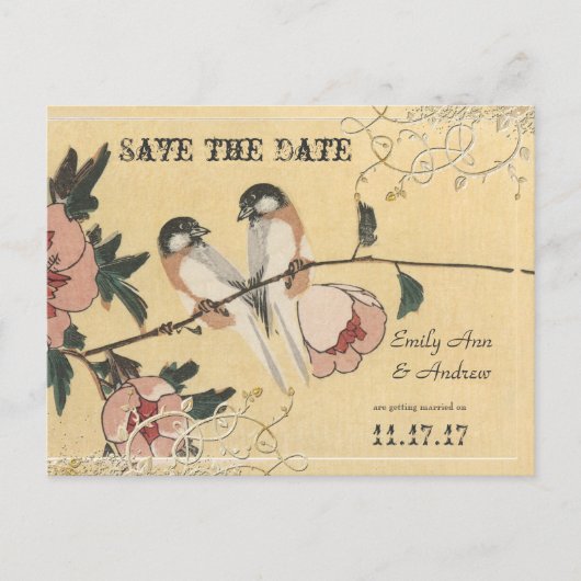 ピンクのさくらんぼの花の愛の鳥が日付を保存 案内ポストカード (正面)