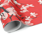 ピンクのさくらんぼの花の枝が赤 ラッピングペーパー (ロールコーナー)