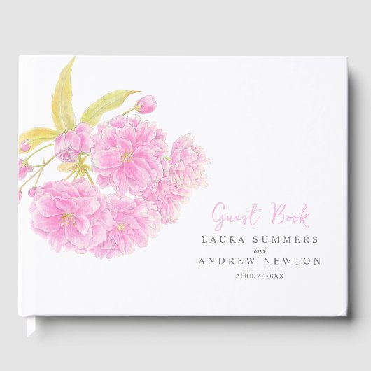 ピンクのさくらんぼの花の水の色のカスタムウェディング ゲストブック (正面)