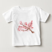 ピンクのさくらんぼの花の絵画水色 ベビーTシャツ (正面)