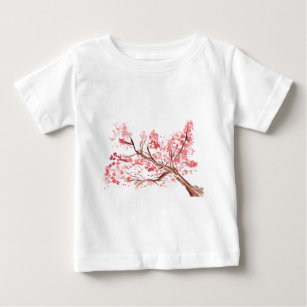 ピンクのさくらんぼの花の絵画水色 ベビーTシャツ