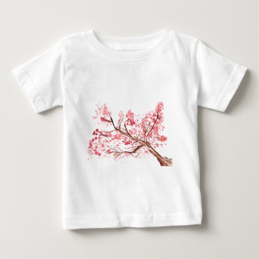 ピンクのさくらんぼの花の絵画水色 ベビーTシャツ (正面)
