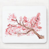 ピンクのさくらんぼの花の絵画水色 マウスパッド (正面)