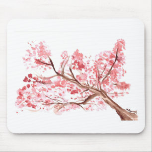 ピンクのさくらんぼの花の絵画水色 マウスパッド