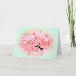ピンクのさくらんぼの花を淡い青に感謝してい咲かせる サンキューカード