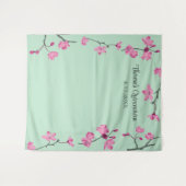 ピンクのさくらんぼの花ミントグリーンカスタム背景 タペストリー (正面(横))