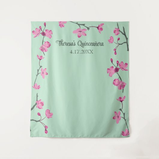 ピンクのさくらんぼの花ミントグリーンカスタム背景 タペストリー (正面)