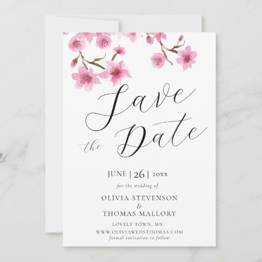 ピンクのさくらんぼの花写真結婚式の日付を保存 招待状 (正面)