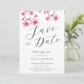 ピンクのさくらんぼの花写真結婚式の日付を保存 招待状 (スタンド正面)