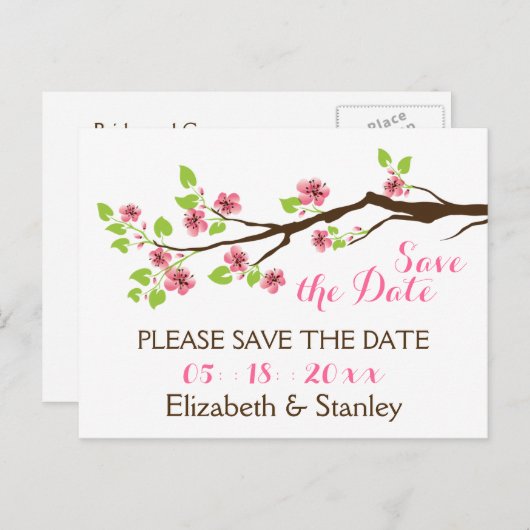 ピンクのさくらんぼの花春の結婚式日付を保存 案内ポストカード (正面/裏面)