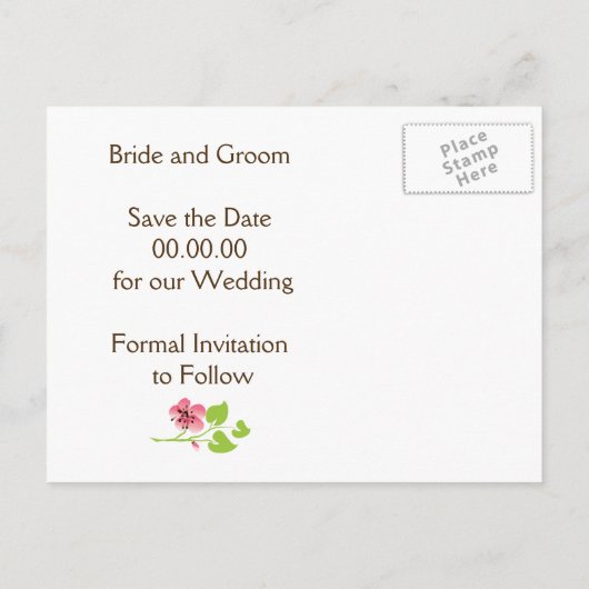 ピンクのさくらんぼの花春の結婚式日付を保存 案内ポストカード (裏面)