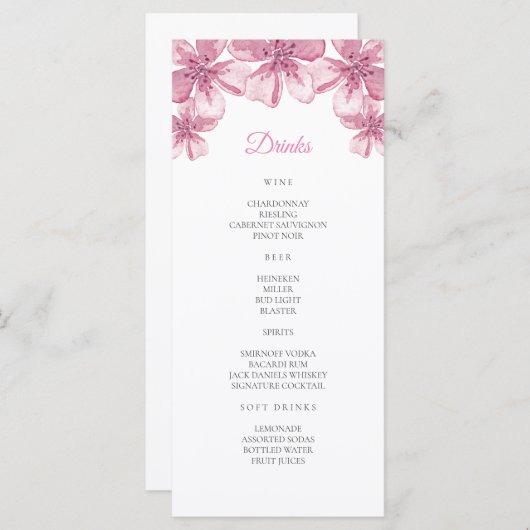 ピンクのさくらんぼの花。フローラ結婚のバー メニュー (正面/裏面)