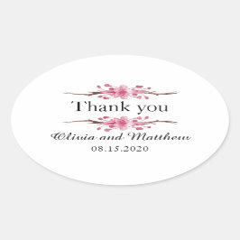 ピンクのさくらんぼの花。フローラ結婚の感謝 楕円形シール