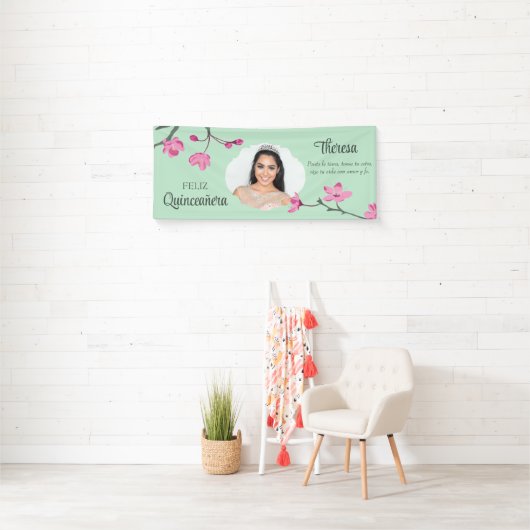 ピンクのさくらんぼの花、ミントグリーンキンセンアラの写真 横断幕 (インサイチュ)