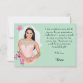 ピンクのさくらんぼの花、ミントグリーン写真 サンキューカード (正面)