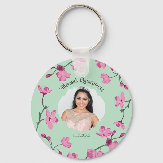 ピンクのさくらんぼの花、ミントグリーン、写真 キーホルダー (正面)