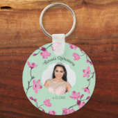 ピンクのさくらんぼの花、ミントグリーン、写真 キーホルダー (正面)