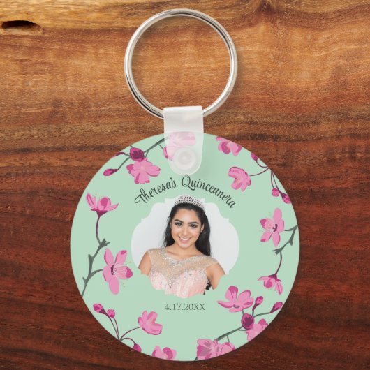 ピンクのさくらんぼの花、ミントグリーン、写真 キーホルダー (正面)