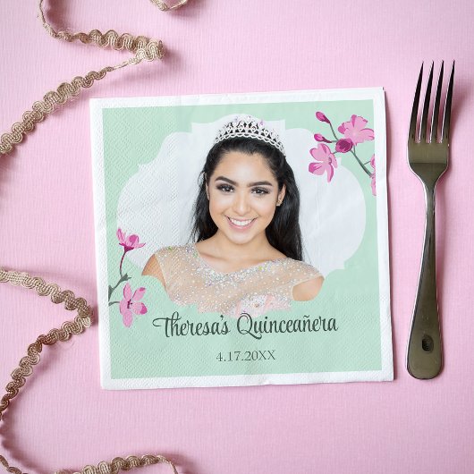 ピンクのさくらんぼの花、ミントグリーン、写真 スタンダードランチョンナプキン