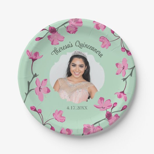 ピンクのさくらんぼの花、ミントグリーン、写真 ペーパープレート (正面)