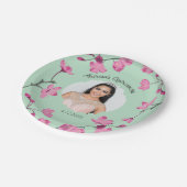 ピンクのさくらんぼの花、ミントグリーン、写真 ペーパープレート (アングル)