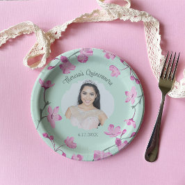 ピンクのさくらんぼの花、ミントグリーン、写真 ペーパープレート