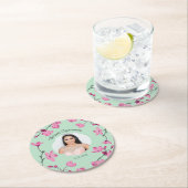 ピンクのさくらんぼの花、ミントグリーン、写真 ラウンドペーパーコースター (インサイチュ)