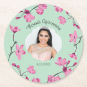 ピンクのさくらんぼの花、ミントグリーン、写真 ラウンドペーパーコースター (正面)