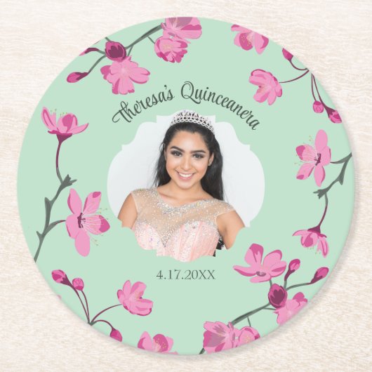 ピンクのさくらんぼの花、ミントグリーン、写真 ラウンドペーパーコースター (正面)