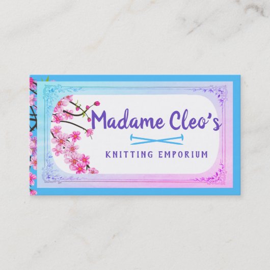 ピンクのさくらんぼはニット編み物針を咲かせる 名刺 (正面)