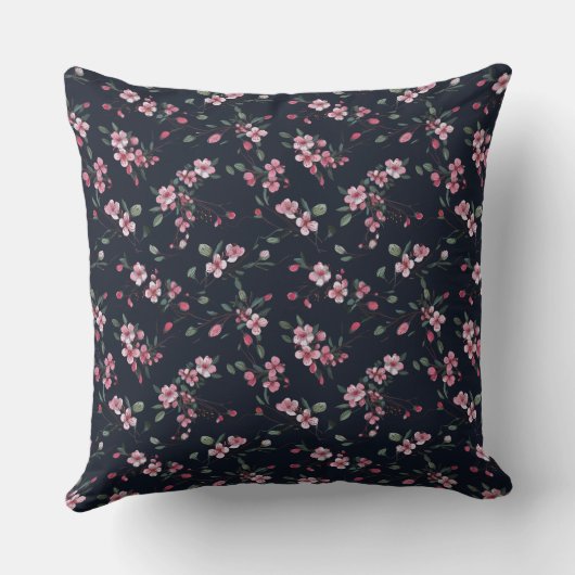 ピンクのさくらんぼはネイビーの青い模様で咲く クッション (裏面)