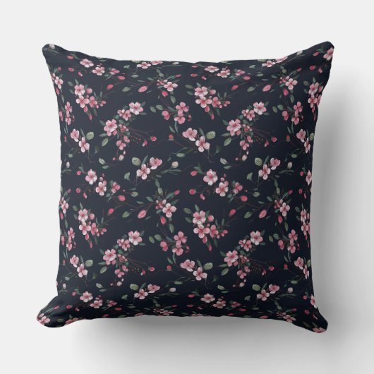 ピンクのさくらんぼはネイビーの青い模様で咲く クッション (正面)
