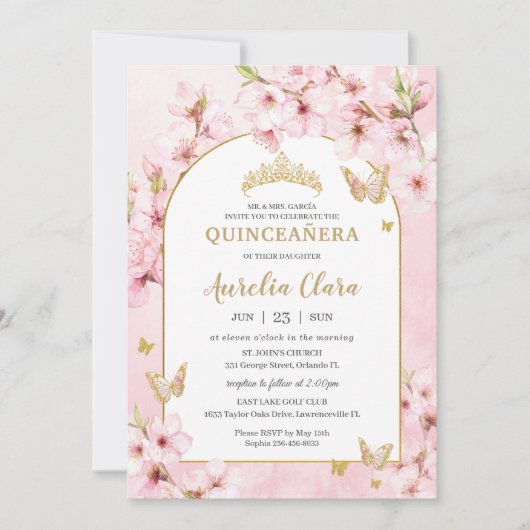 ピンクのさくらんぼフローラキンセアニラスウィート16 招待状 (正面)