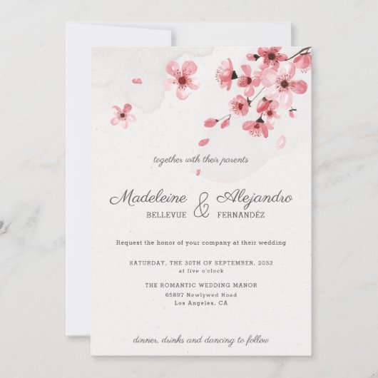 ピンクのさくらんぼフローラロマンチック結婚な 招待状 (正面)