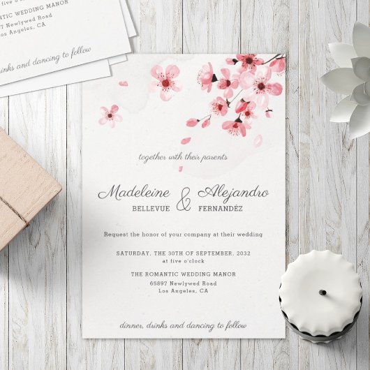 ピンクのさくらんぼフローラロマンチック結婚な 招待状