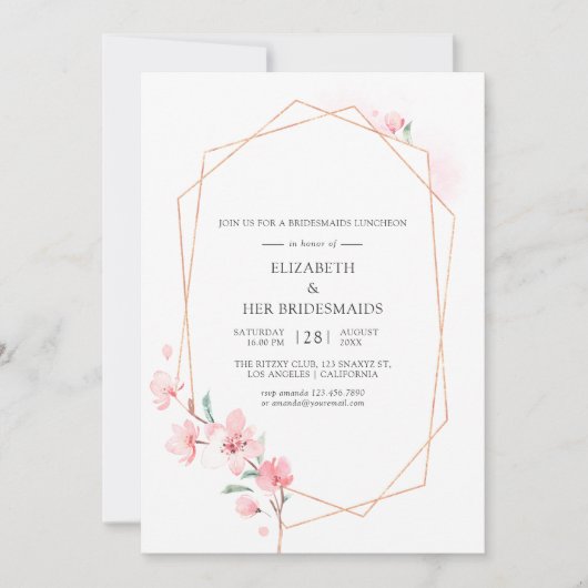 ピンクのさくらんぼブロッサムジオメトリックブリデスメイドランチョン 招待状 (正面)
