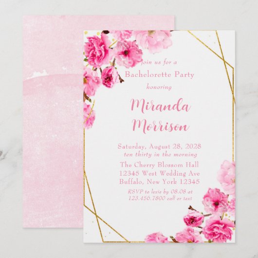 ピンクのさくらんぼブロッサム幾何学的バチェロレッテ 招待状 (正面/裏面)