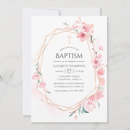 ピンクのさくらんぼブロッサム幾何学的バプテスマ 招待状 (正面)