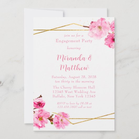 ピンクのさくらんぼブロッサム幾何学的婚約パーティイン 招待状 (正面)