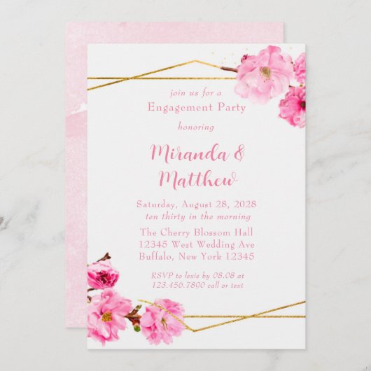 ピンクのさくらんぼブロッサム幾何学的婚約パーティイン 招待状 (正面/裏面)