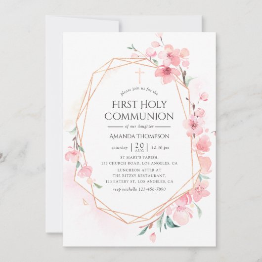 ピンクのさくらんぼブロッサム幾何学聖域 招待状 (正面)