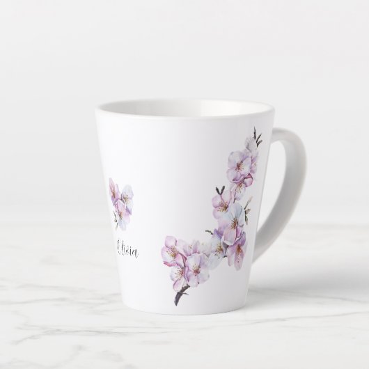 ピンクのさくらんぼ咲きセラミック カフェラテマグ (右アングル)