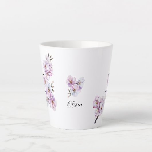 ピンクのさくらんぼ咲きセラミック カフェラテマグ (正面)